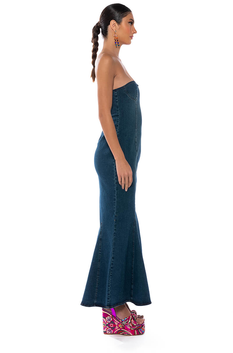 JENNA FLARE DENIM MAXI DRESS