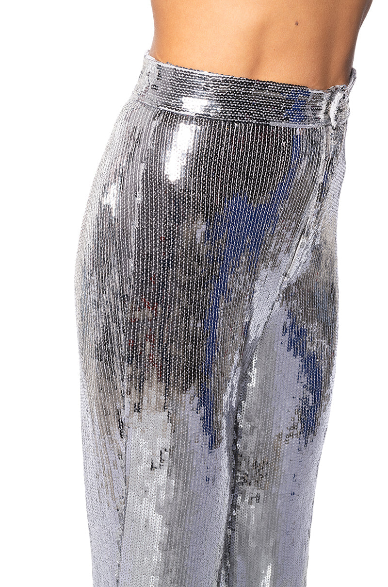 DISCO FEVER SEQUIN EMBELLISHED HIGH WAIST FLARE PANT IN SILVER