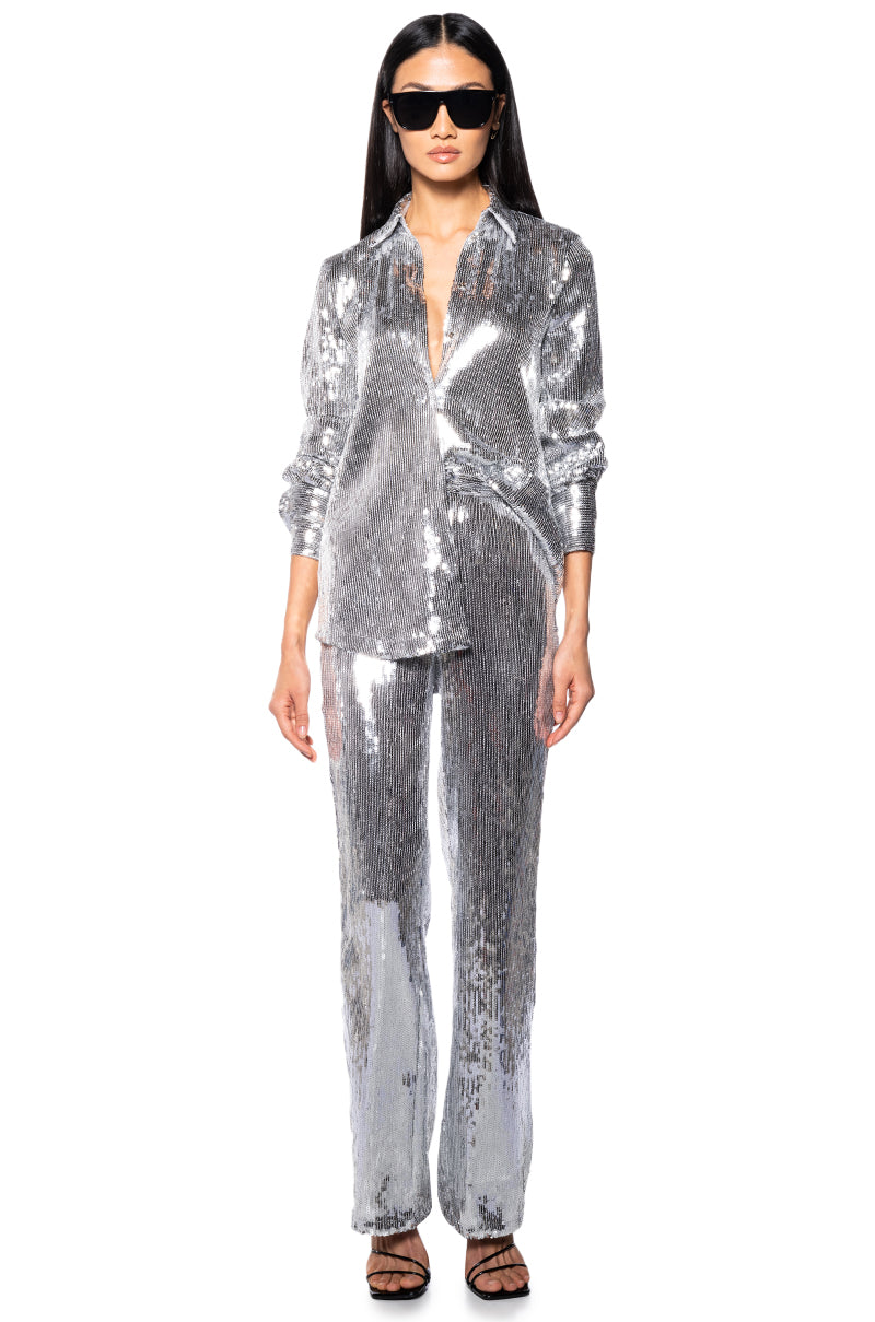 DISCO FEVER SEQUIN EMBELLISHED HIGH WAIST FLARE PANT IN SILVER