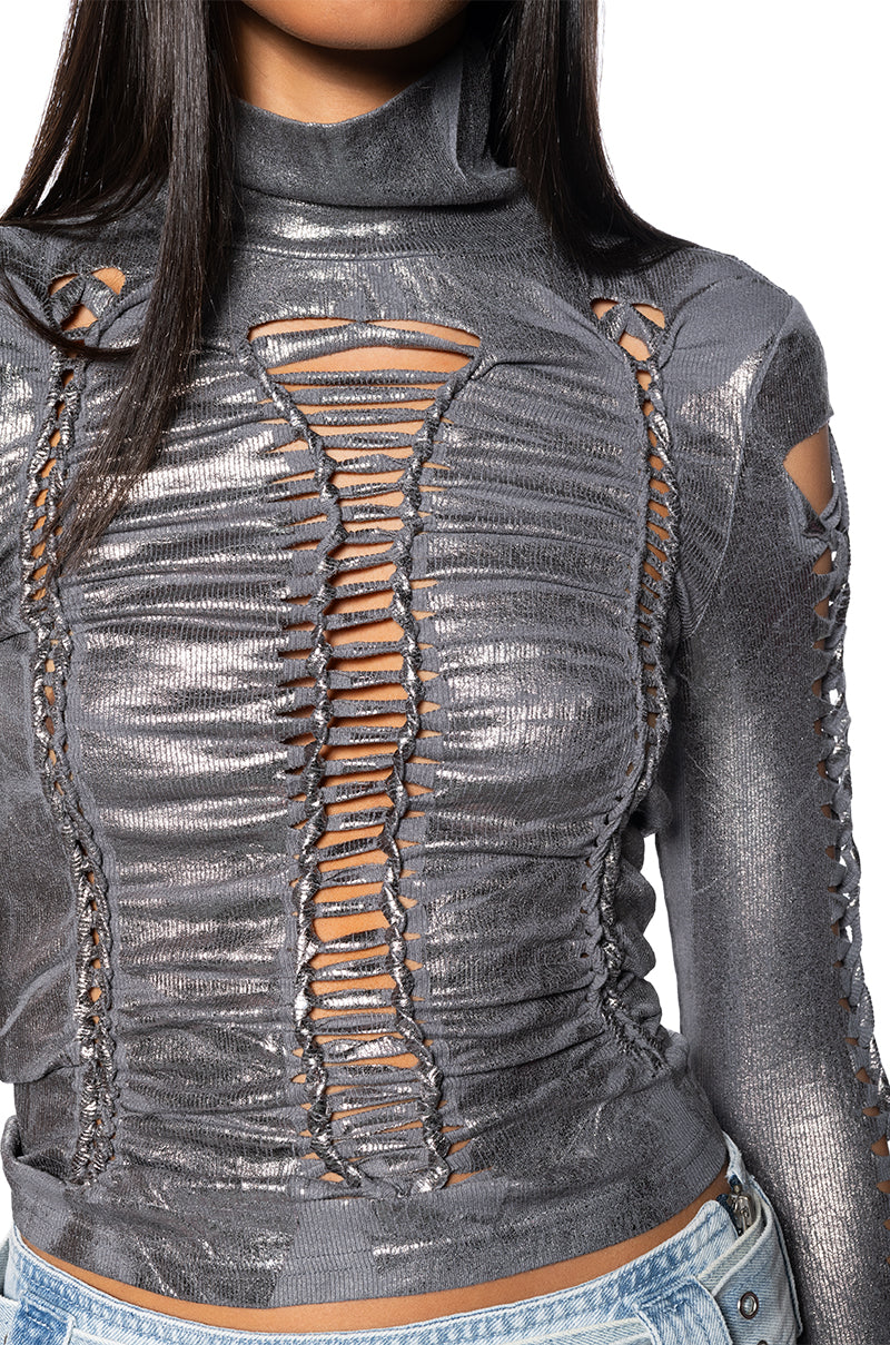 DISTRESSED METALLIC SHEEN TURTLENECK KNIT TOP
