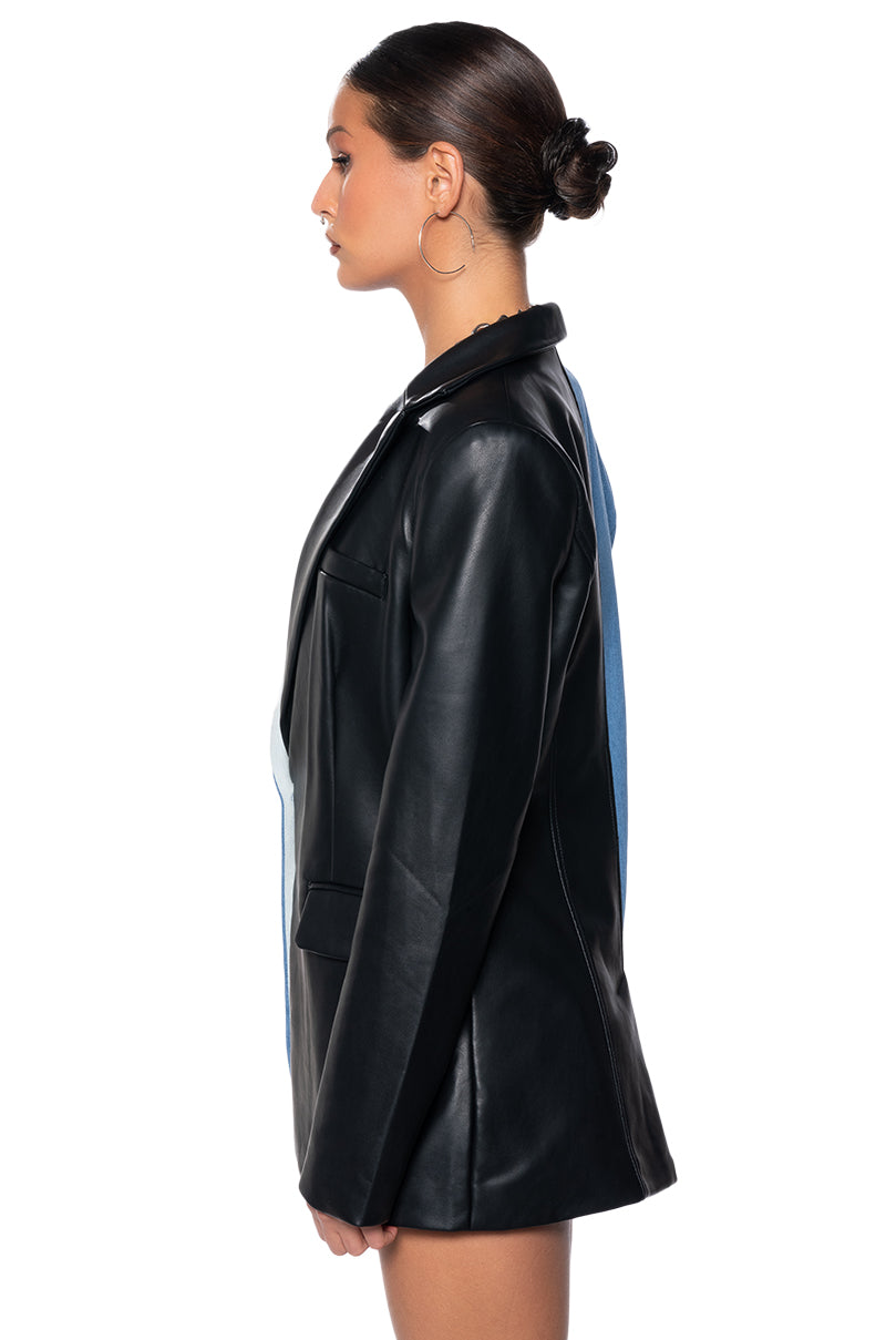 DO WHAT YOU DO HALF DENIM HALF PU BLAZER