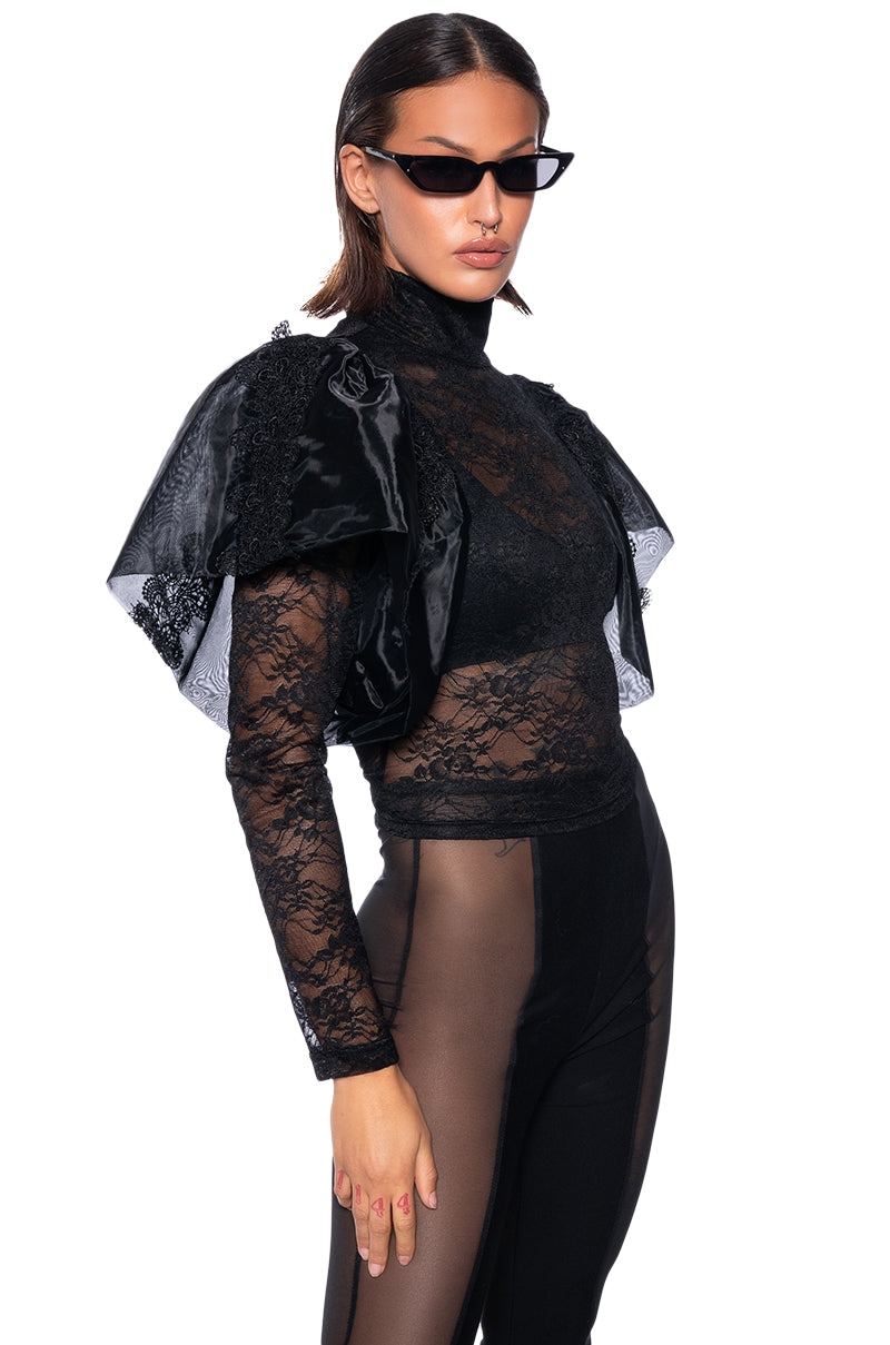 ELEVATE MY MIND FLOUNCE TULLE SHOULDER BLOUSE