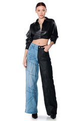 FAUX LEATHER CROPPED BUTTON DOWN SHIRT