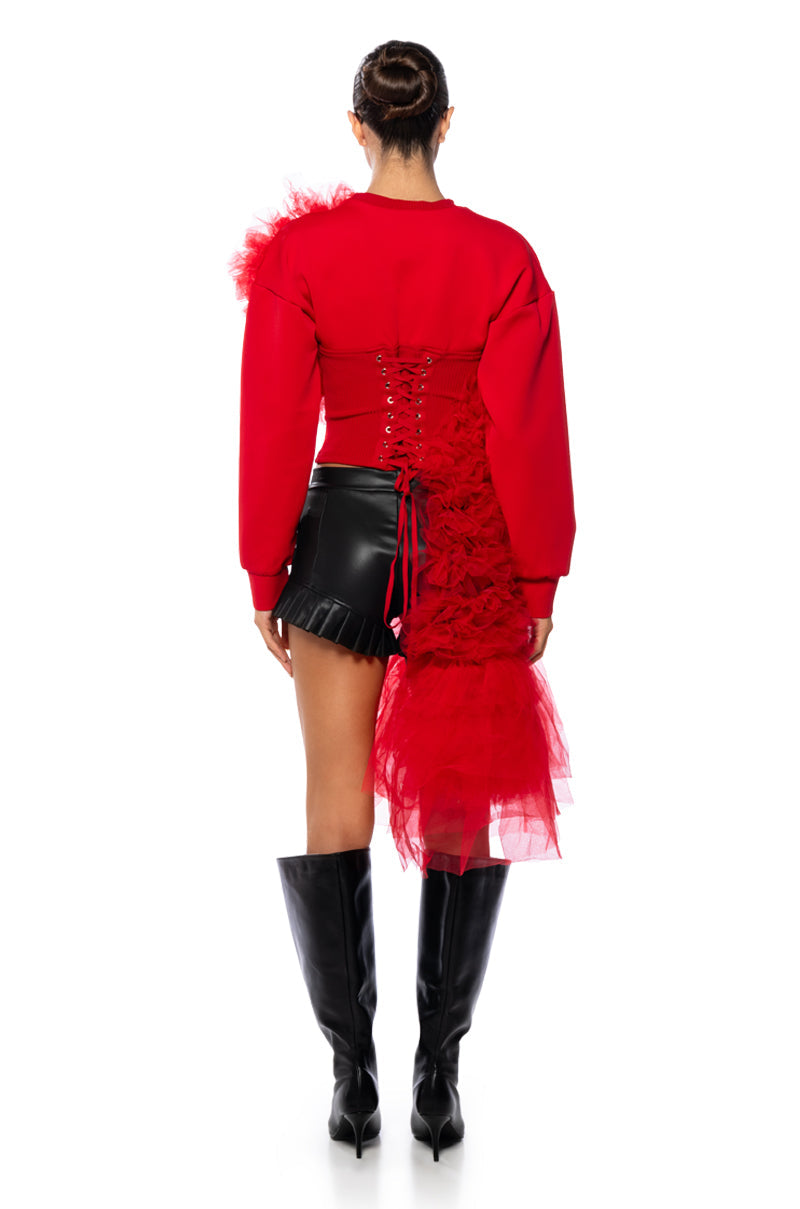 FEELING RED TULLE LONG SLEEVE SWEATSHIRT