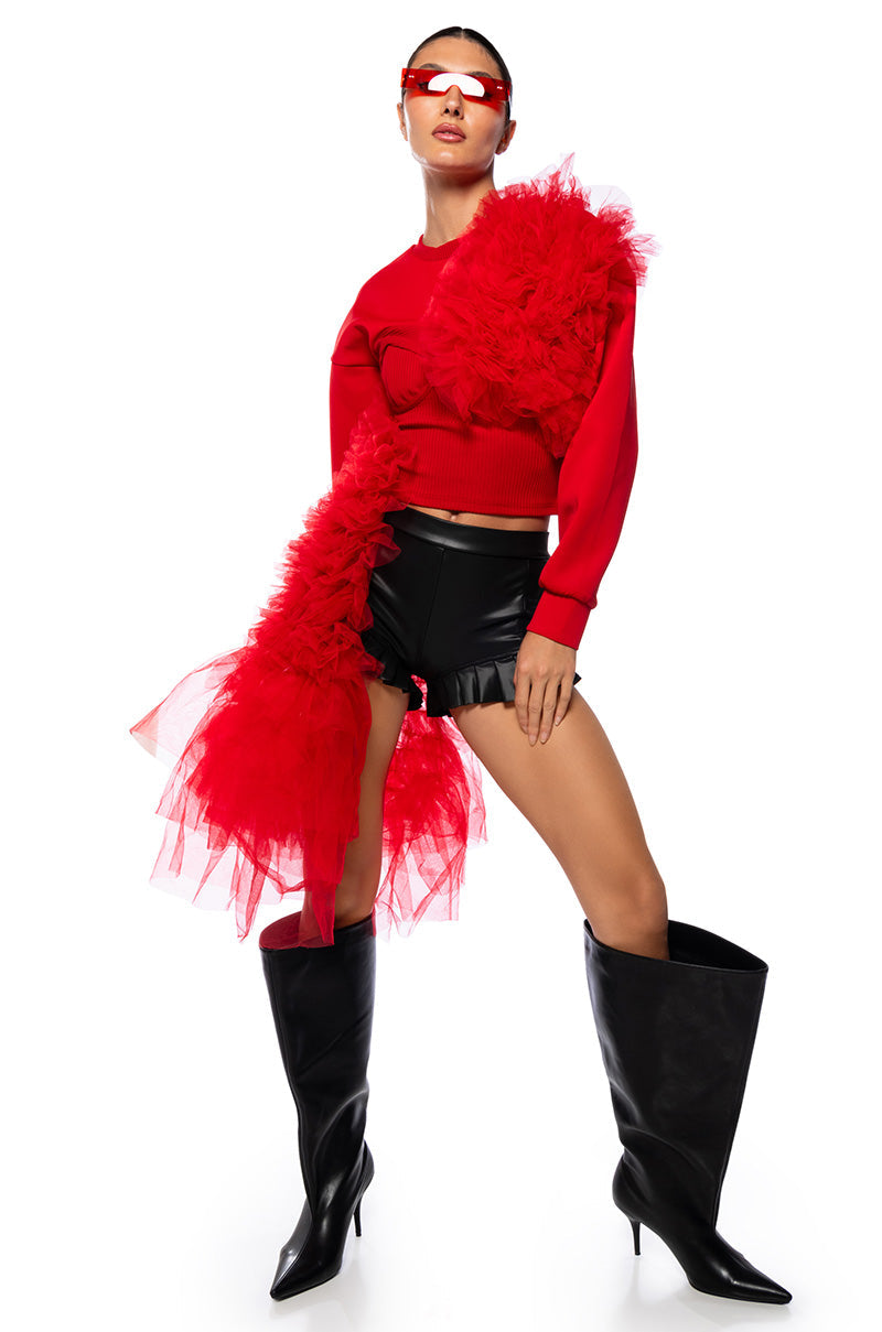 FEELING RED TULLE LONG SLEEVE SWEATSHIRT
