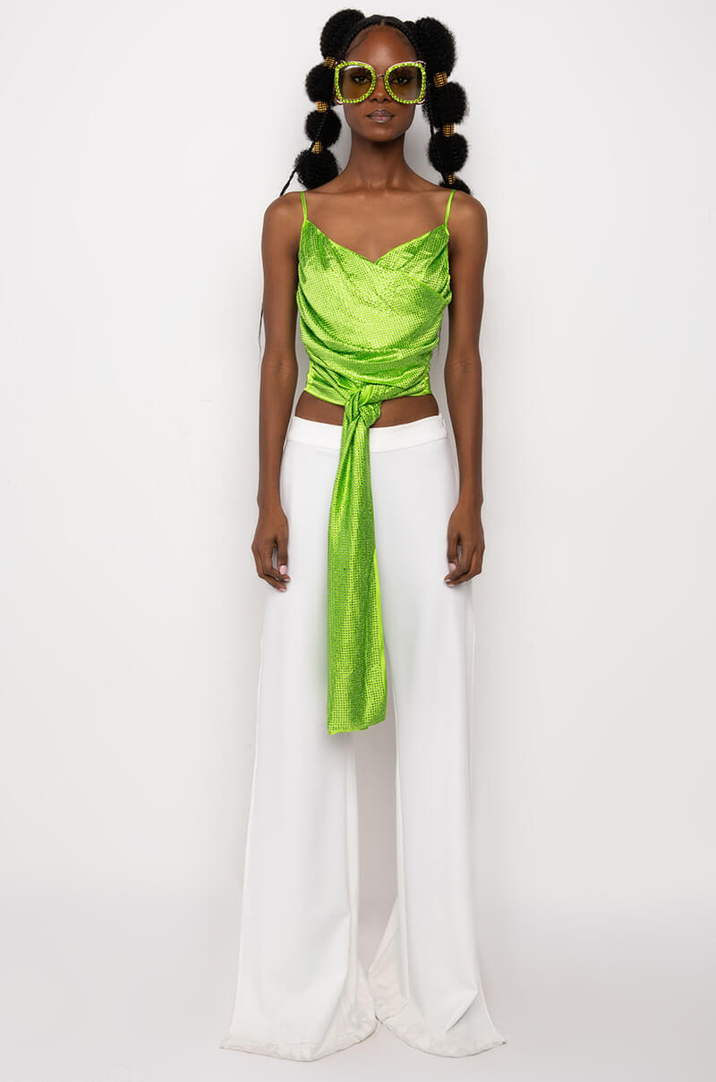 FIVE O'CLOCK SOMEWHERE SLEEVELESS RHINESTONE SATIN BLOUSE