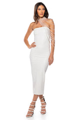 FRONT ROW BODYCON STRAPLESS MAXI DRESS IN WHITE