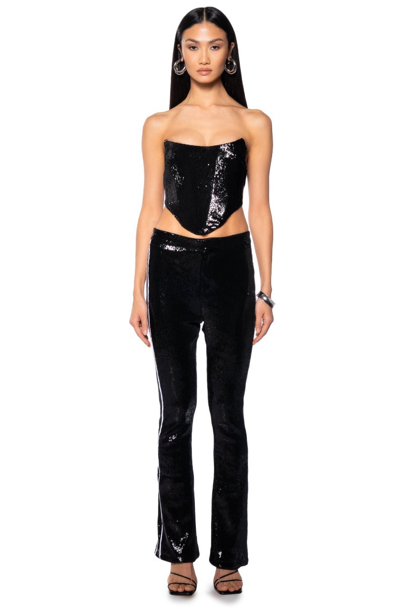 GET DOWN ON IT SEQUIN FLARE TROUSER IN BLACK
