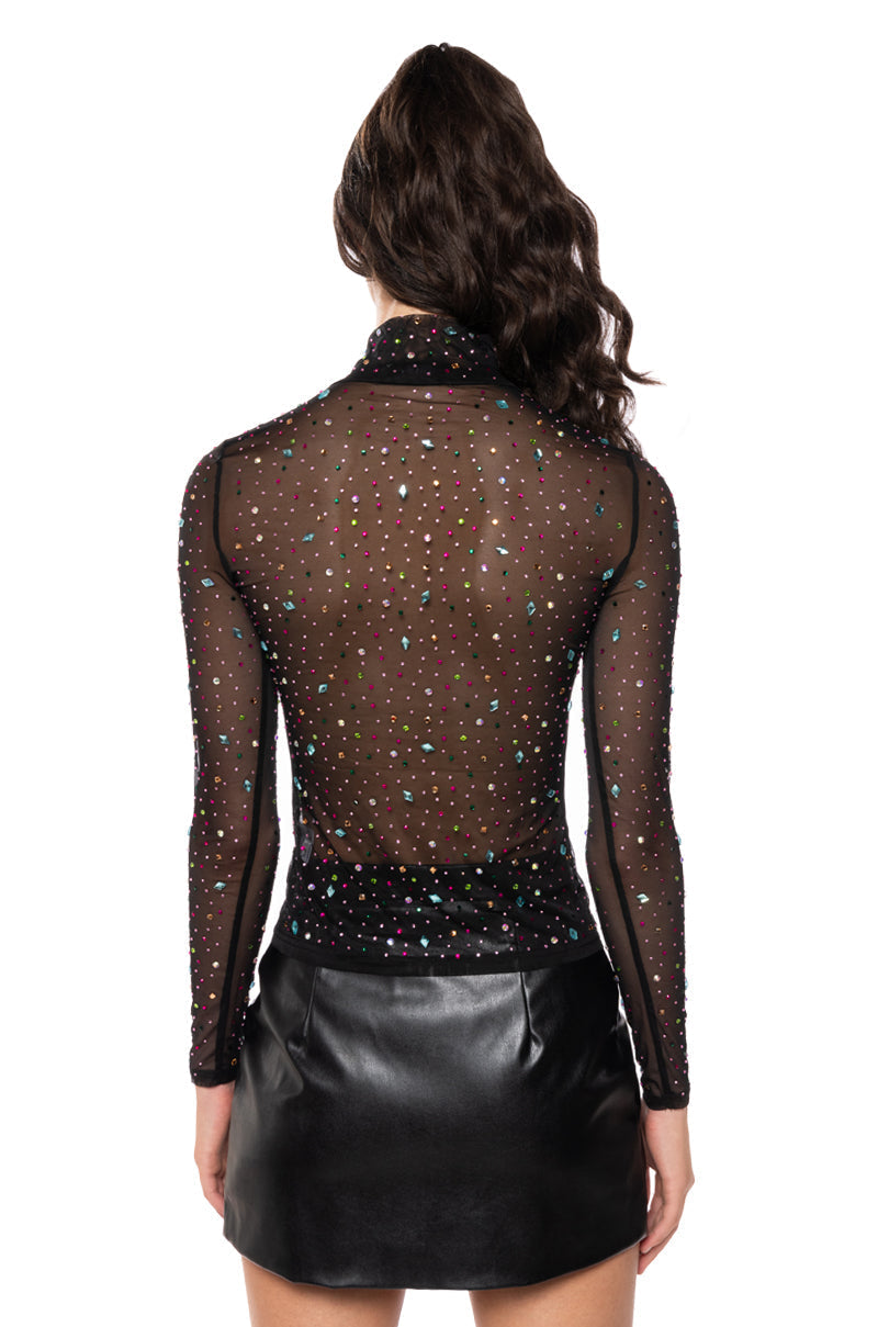 GLITZ AND GLAM LONG SLEEVE EMBELLISHED MESH TOP