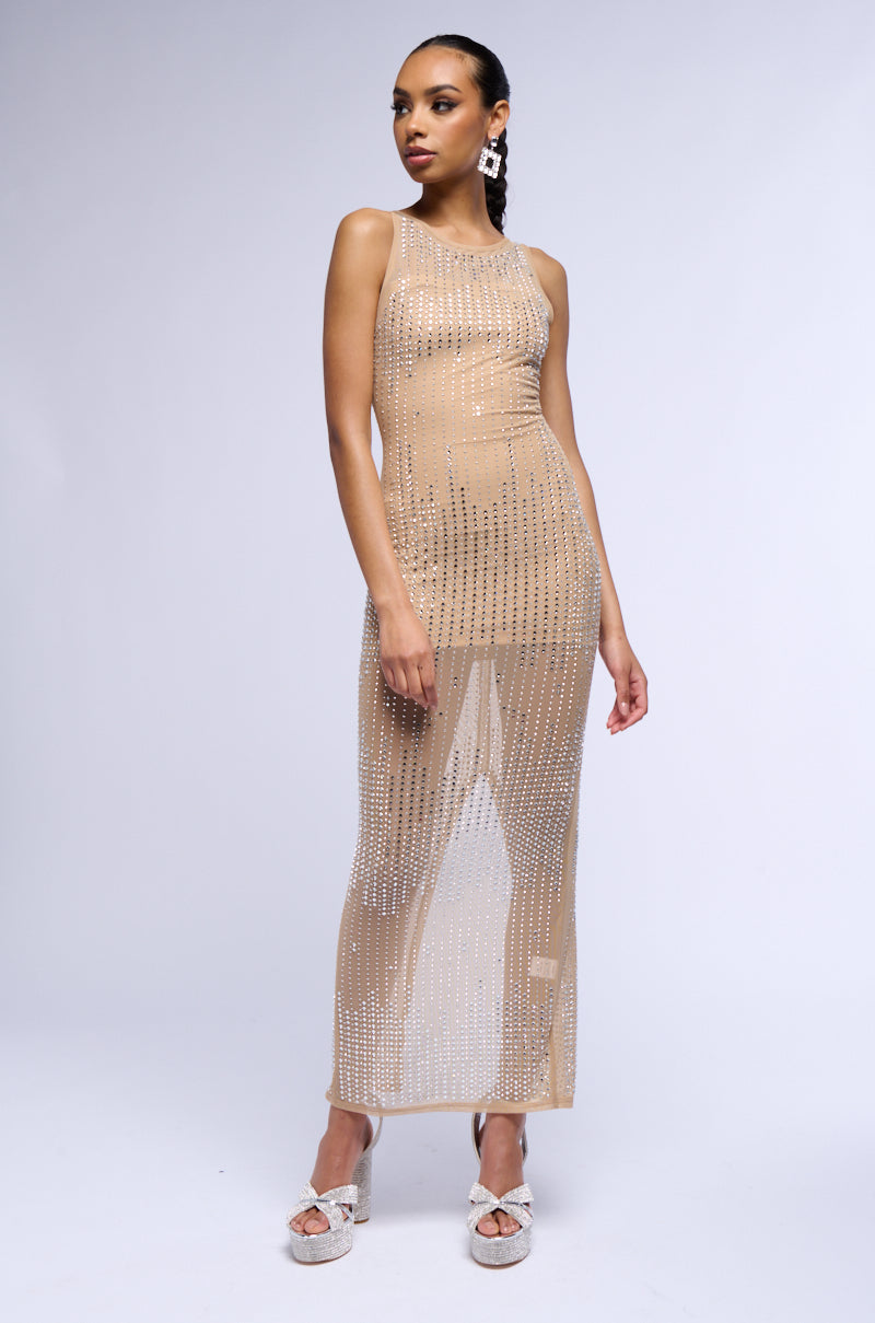 GLITZ AND GLAM RHINESTONE MESH MAXI DRESS