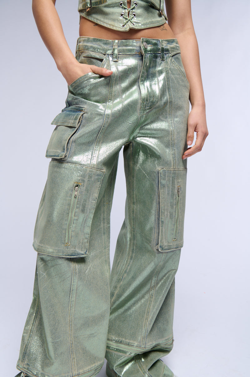 GREEN WITH ENVY METALLIC WIDE LEG CARGO PANT