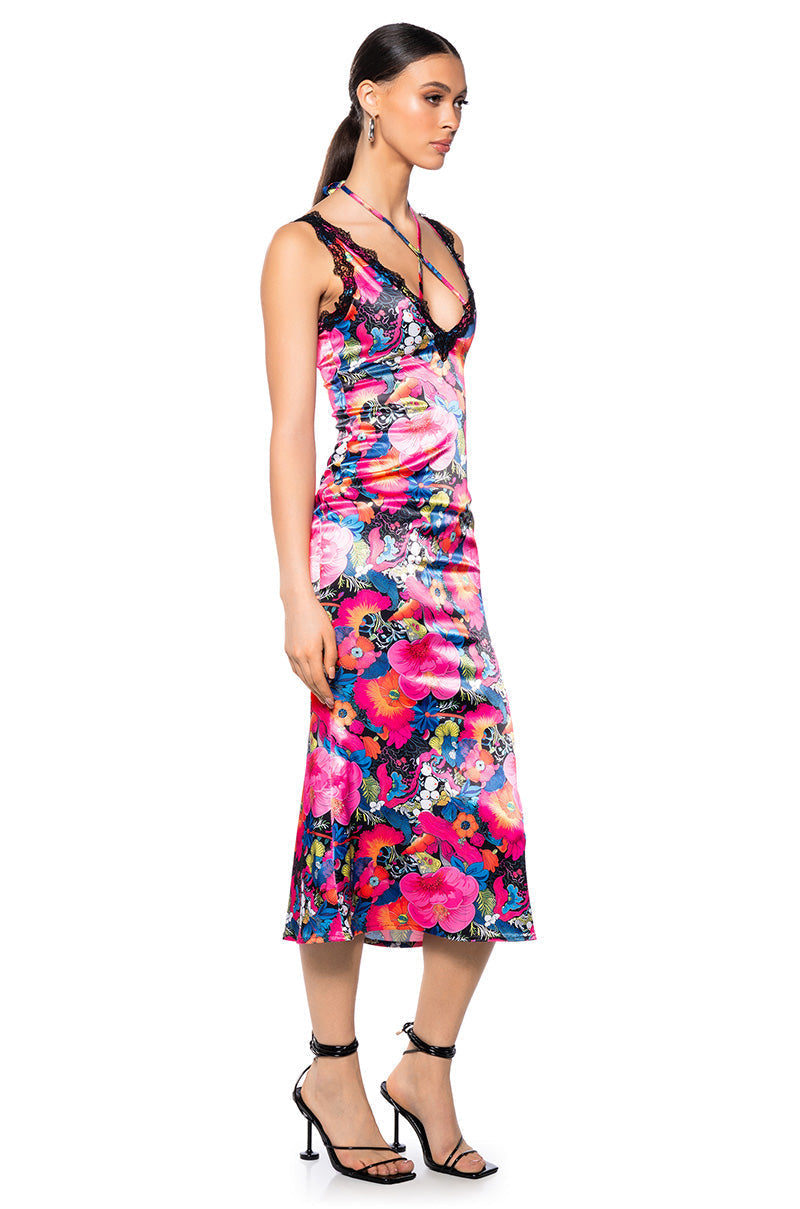 GROOVY BABY PRINTED SATIN MIDI DRESS