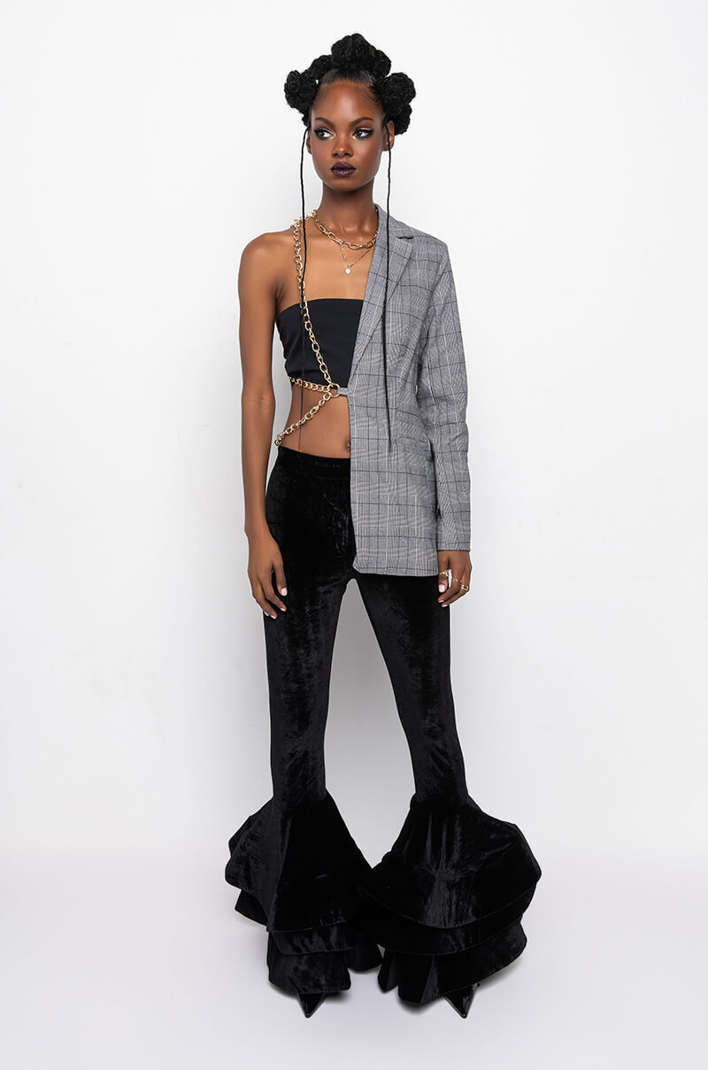 HALF AND HALF PLAID BLAZER WITH CHAIN