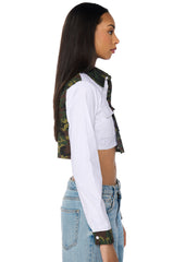 HER WAY LONG SLEEVE BUTTON DOWN POPLIN CAMO SHIRT