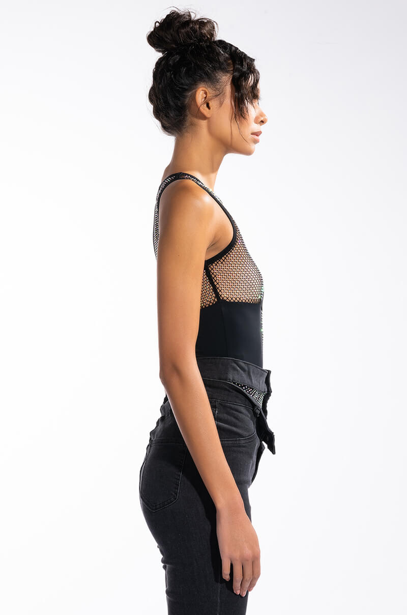 HERE AND THERE RHINESTONE MESH PANEL SLEEVELESS CHEEKY BODYSUIT