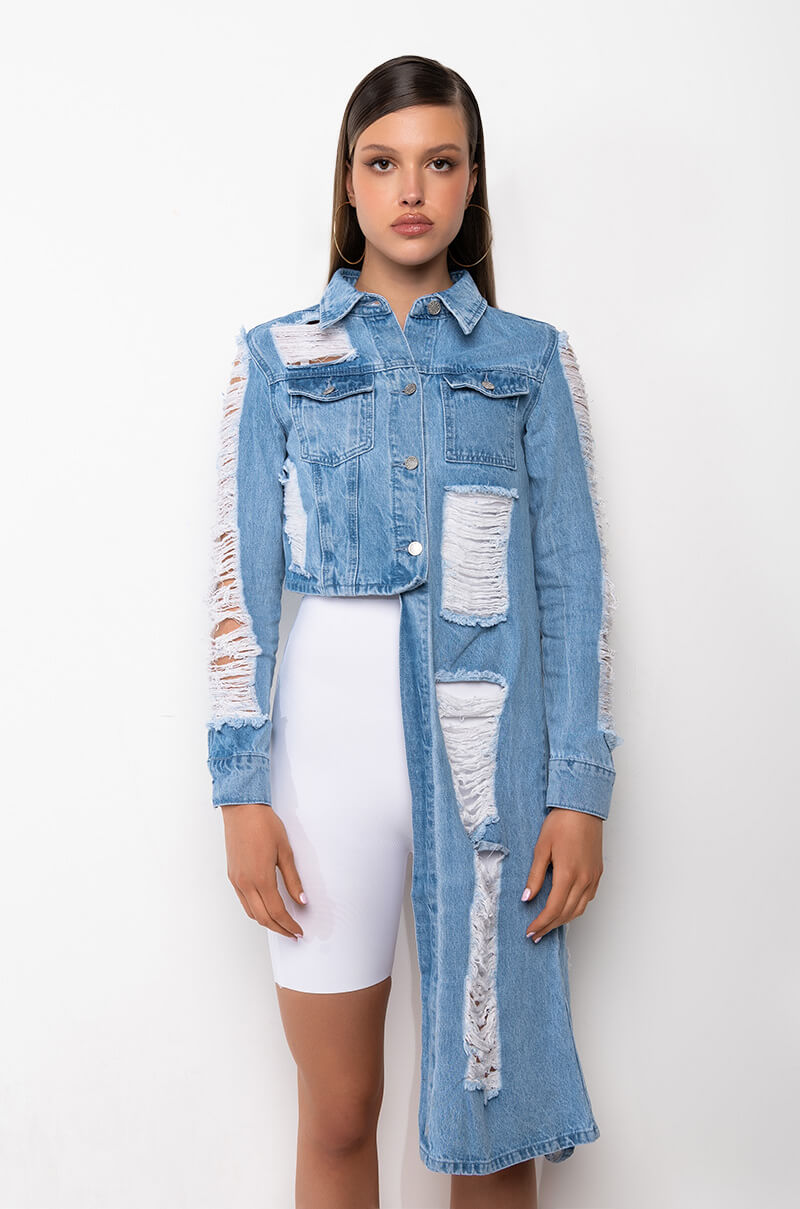 HI LO DISTRESSED DENIM JACKET