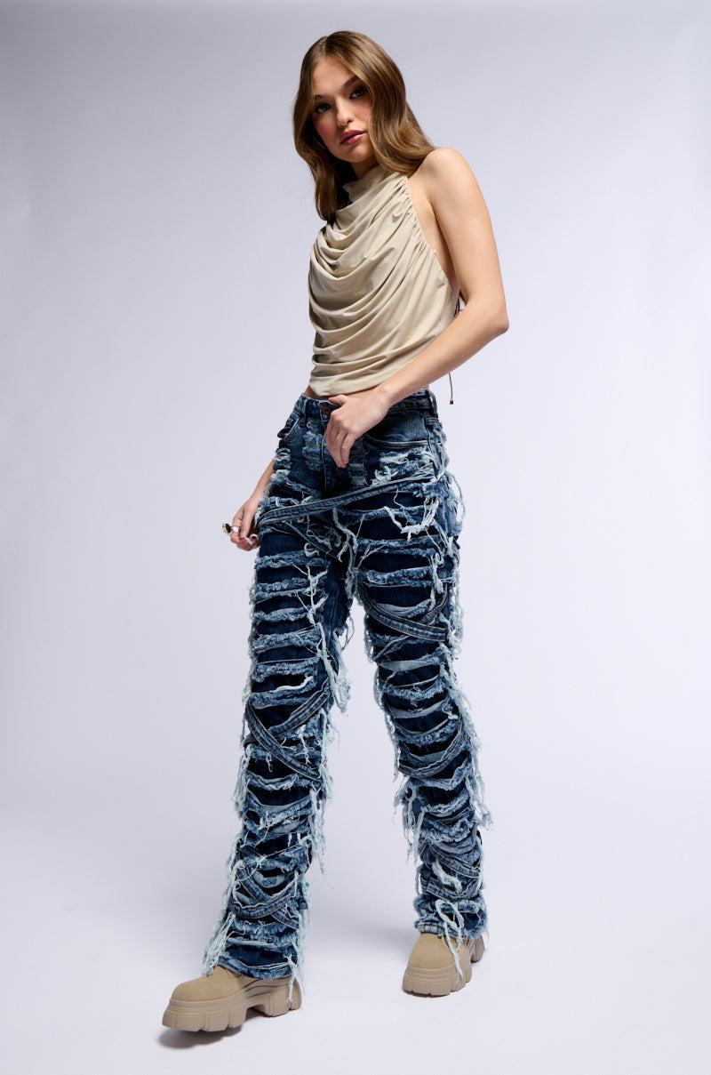 IMANI SUPER DISTRESSED RELAXED FIT JEANS IN DARK BLUE
