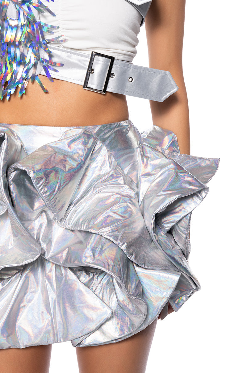 IN FULL BLOOM RUFFLED METALLIC MINI SKIRT