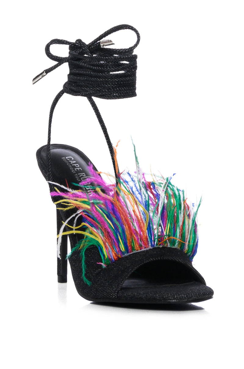 INTO YOU FEATHER DETAIL DENIM STILETTO SANDAL IN BLACK