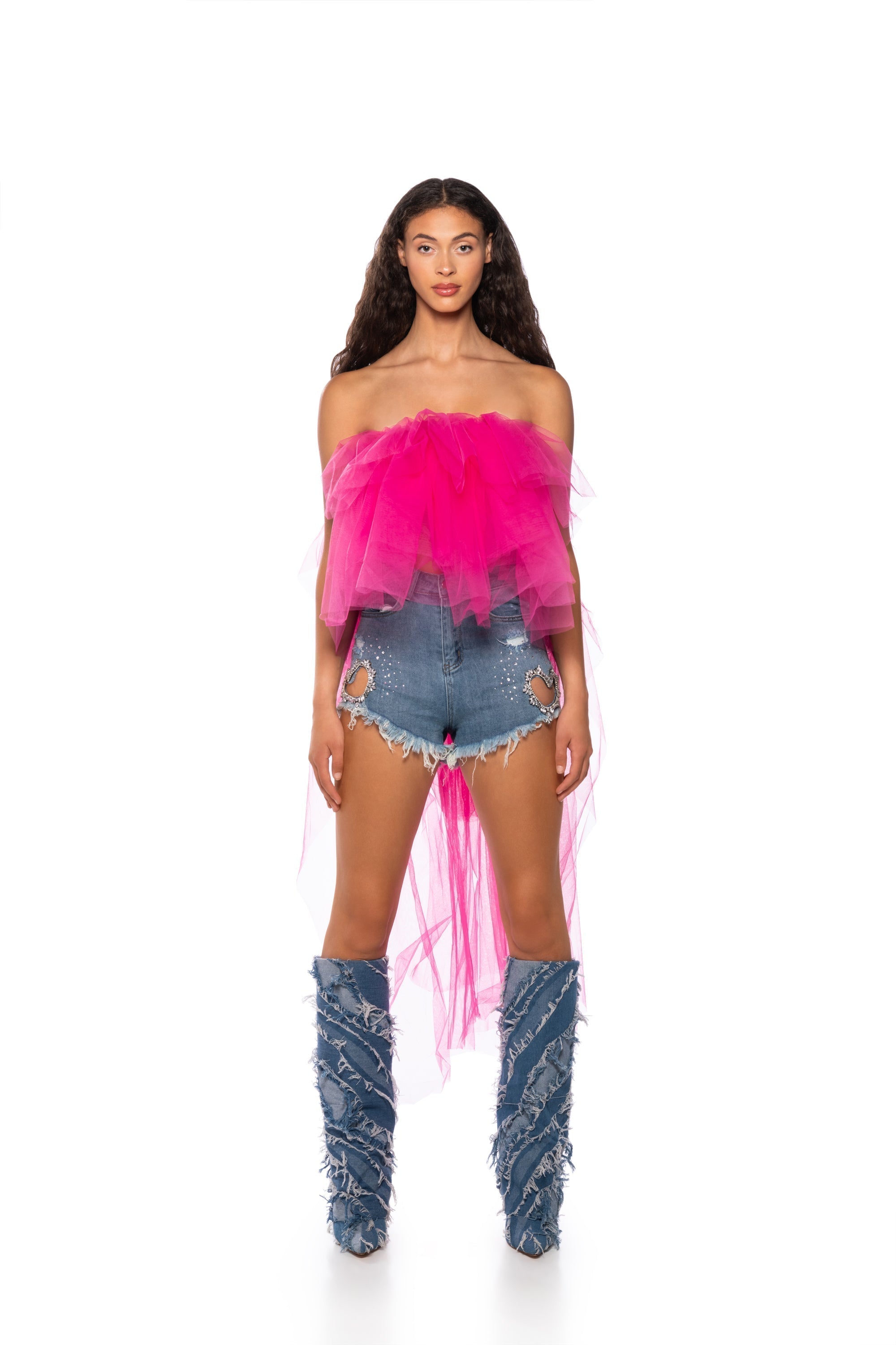 KADEN STRAPLESS HIGH LOW TULLE TOP IN PINK