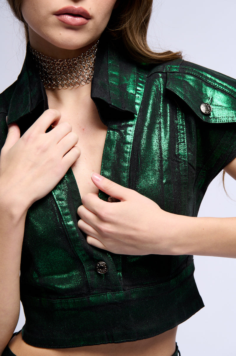 KAROLINA METALLIC GREEN BUTTON DOWN TOP