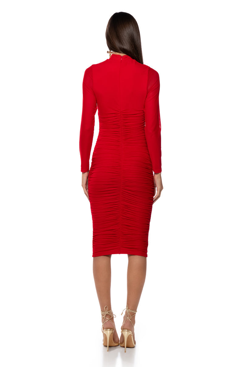 KEEP IT LOW KEY LONG SLEEVE MIDI RUCHED DRESS