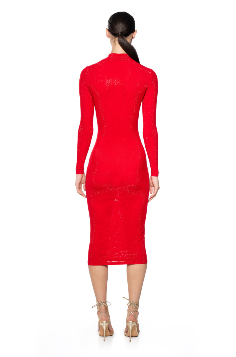 KEEP WALKIN RHINESTONE MIDI DRESS IN RED