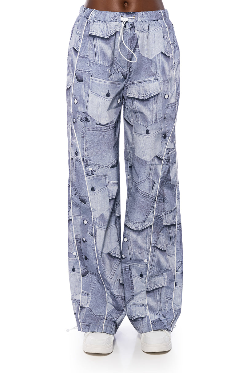 LOOK AGAIN DENIM GRAPHIC PARACHUTE PANT