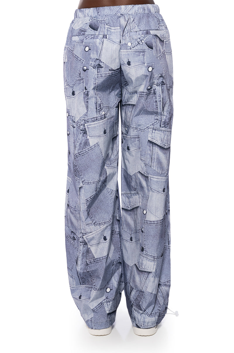 LOOK AGAIN DENIM GRAPHIC PARACHUTE PANT