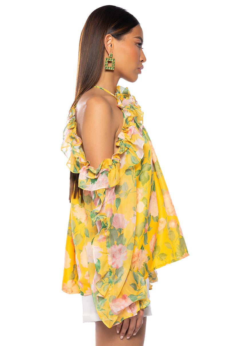 MISTY FLORAL PRINT COLD SHOULDER CHIFFON BLOUSE