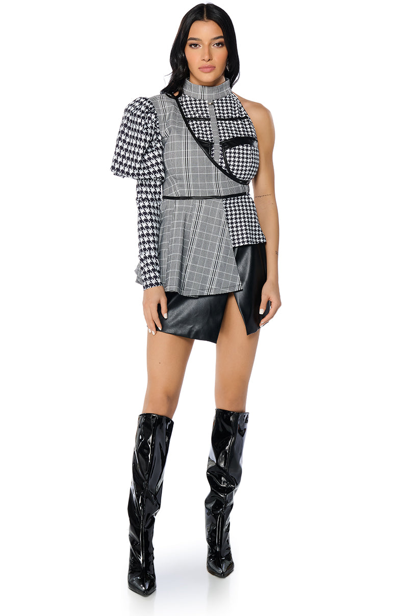 MIXED UP HOUNDSTOOTH PLAID SINGLE SLEEVE TOP