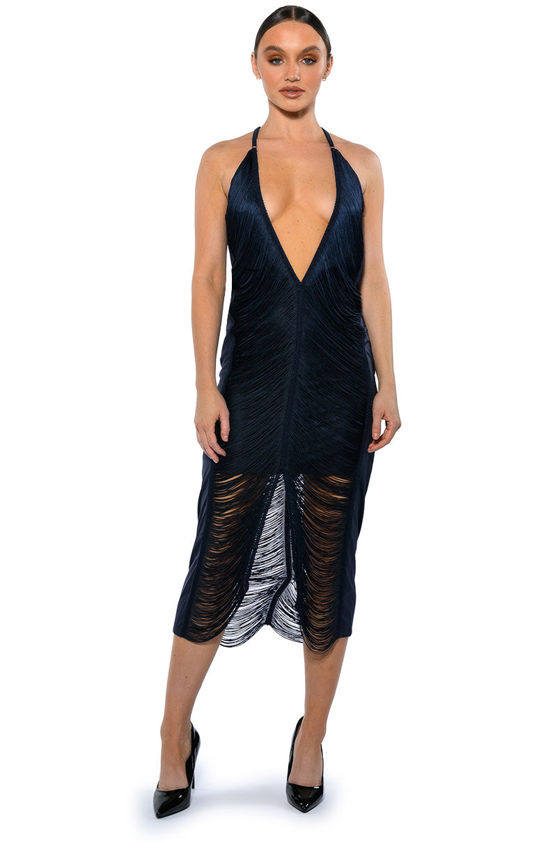 NADINE LOW BACK FRINGE MIDI DRESS