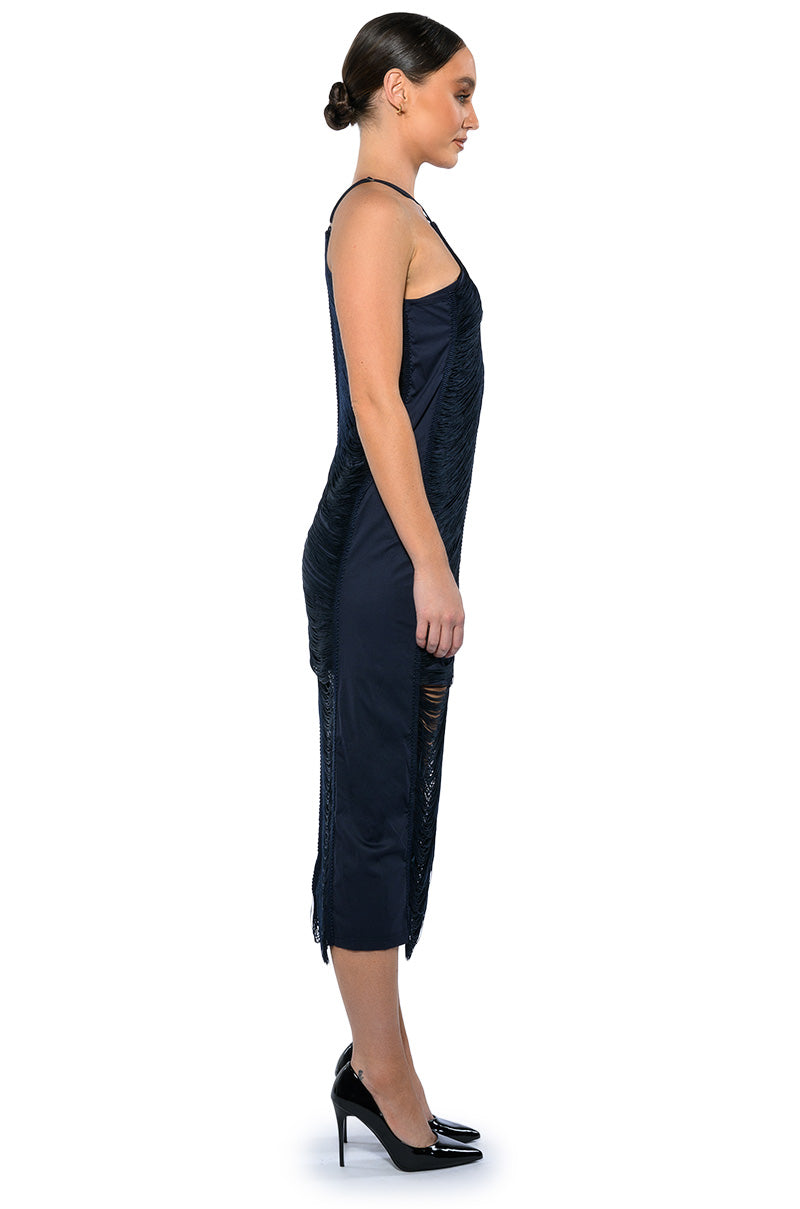 NADINE LOW BACK FRINGE MIDI DRESS