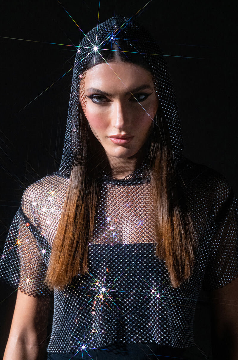NORTH STAR RHINESTONE MESH HOODED CROP TOP