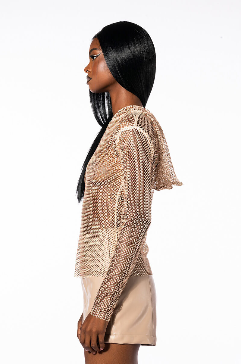 NORTH STAR RHINESTONE MESH HOODED TOP