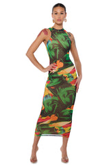 ON A ROLL PRINTED MAXI DRESS IN GREEN MULTI