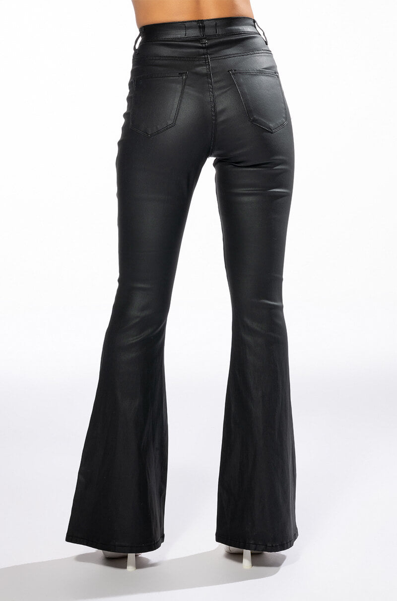 ON DUTY VEGAN LEATHER HIGH RISE FLARE PANTS LONG INSEAM