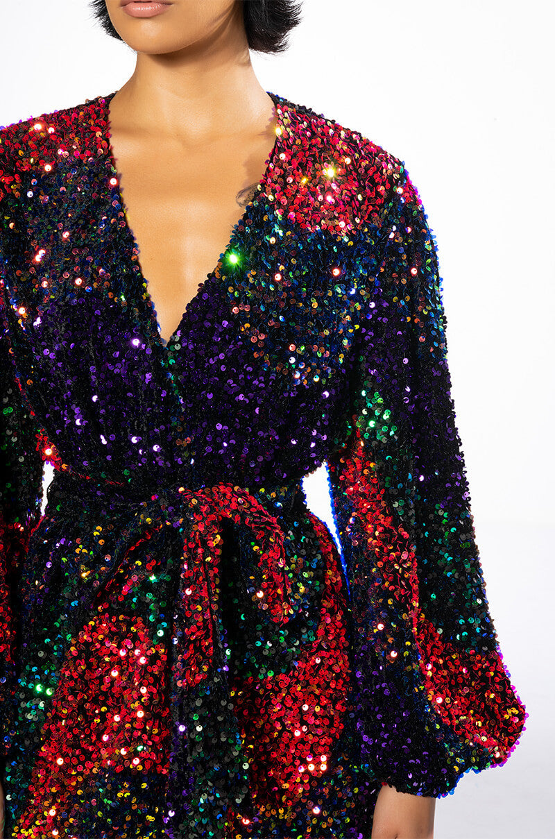 ON MY TIME SEQUIN WRAP MINI DRESS