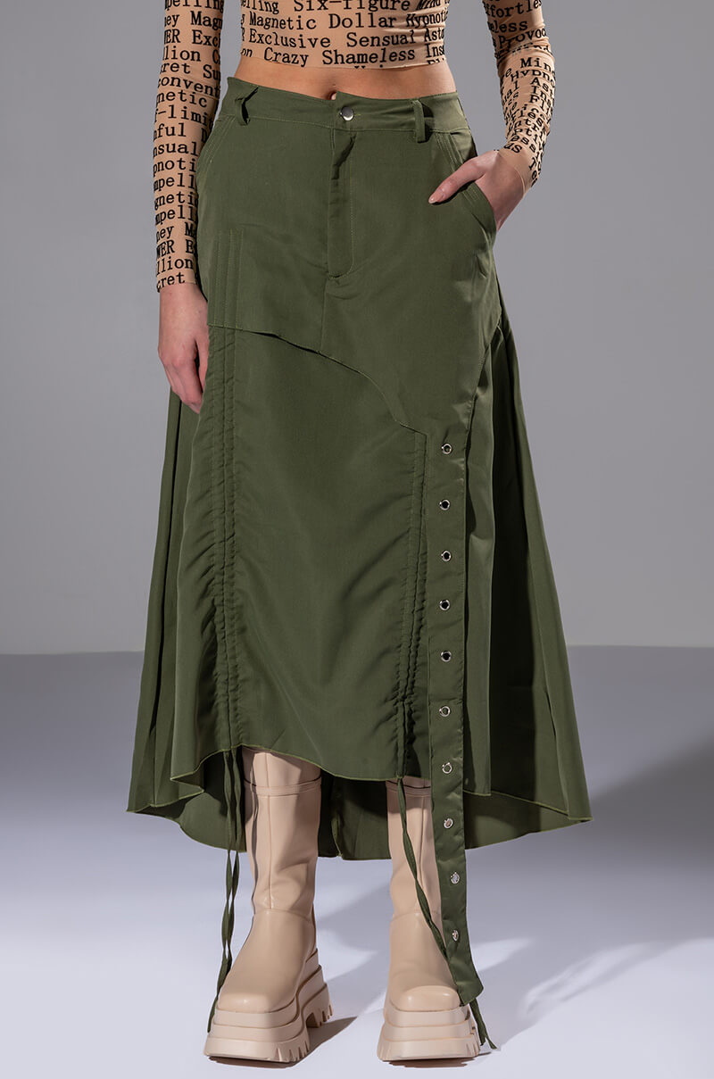 ON THE GO CINCHED OLIVE MIDI SKIRT