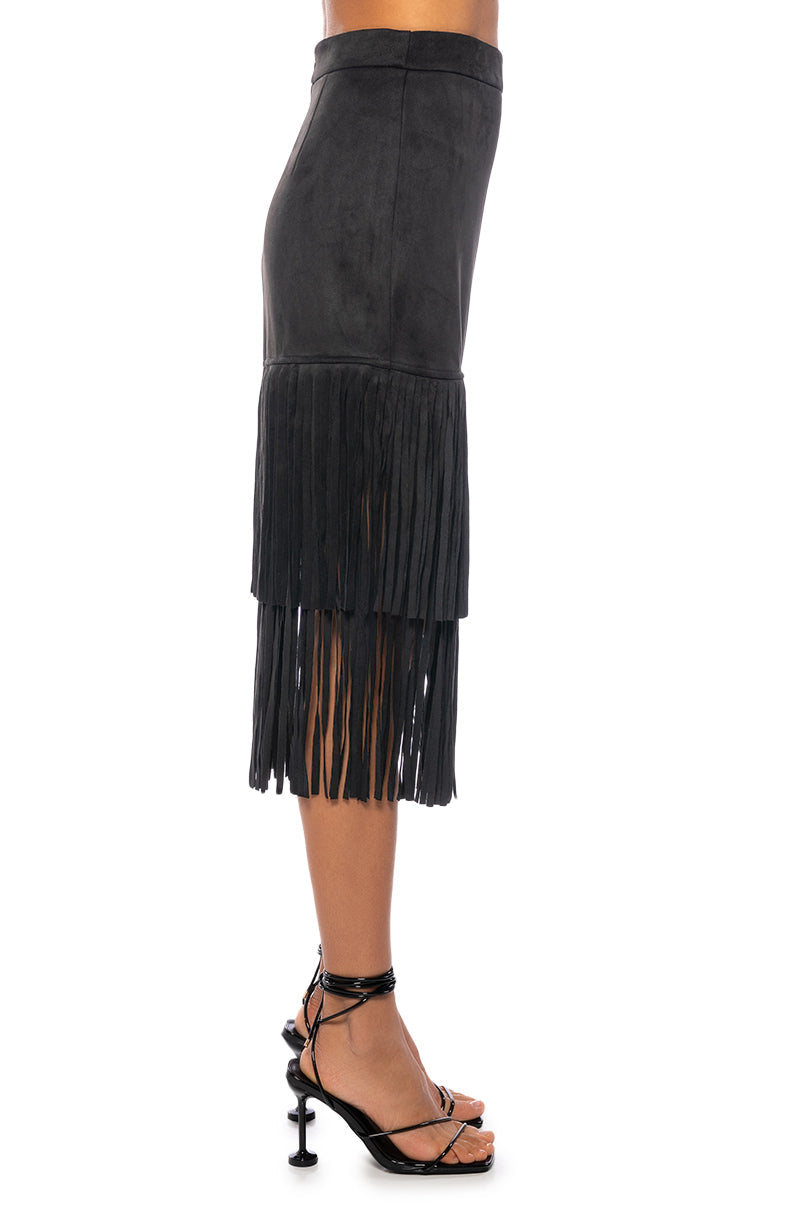 ON THE LOOK OUT FRINGE MIDI SKIRT