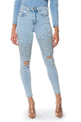 OUTTA THIS WORLD DISTRESSED RHINESTONE HIGH RISE SKINNY JEANS