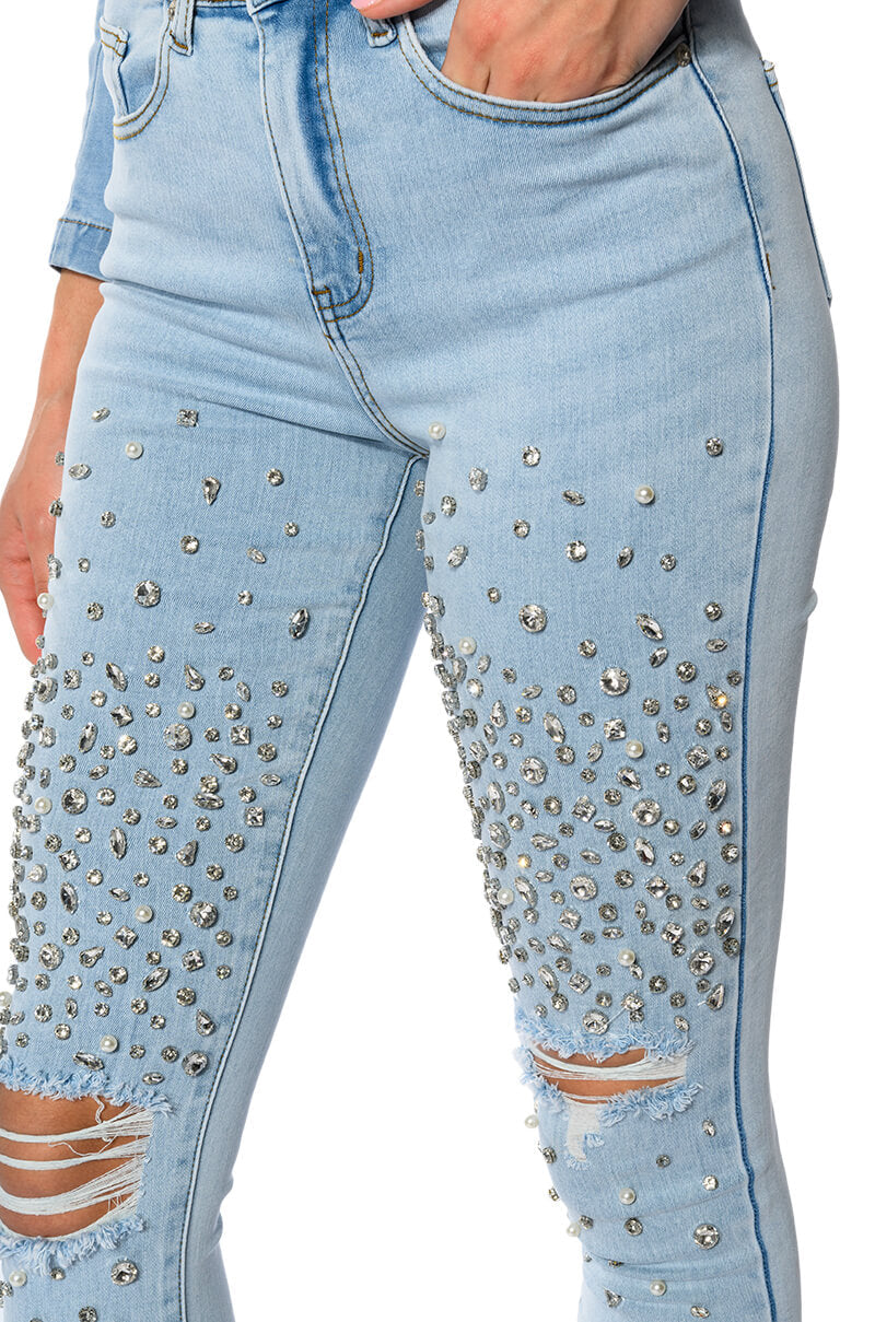 OUTTA THIS WORLD DISTRESSED RHINESTONE HIGH RISE SKINNY JEANS