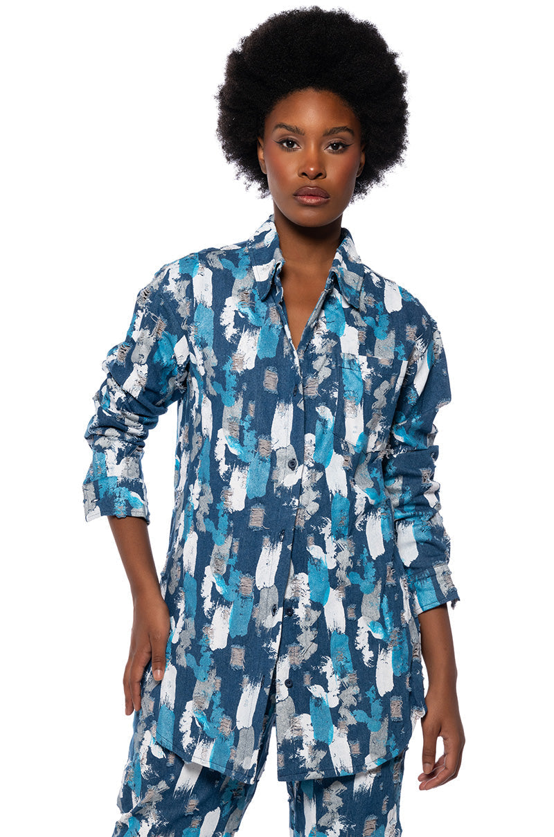 PAINTED BLUE BUTTON DOWN COLLARED SHIRT