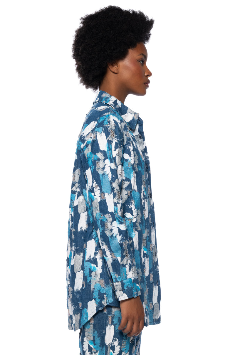 PAINTED BLUE BUTTON DOWN COLLARED SHIRT