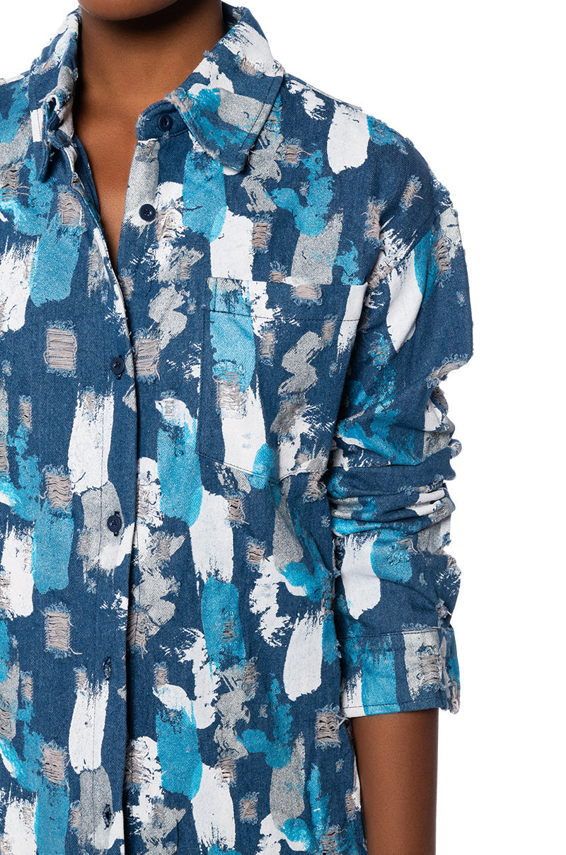PAINTED BLUE BUTTON DOWN COLLARED SHIRT