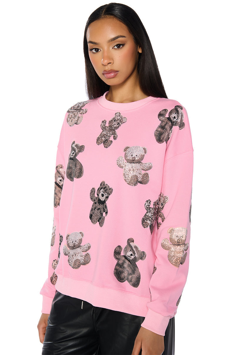 PINK BABY BEAR CREW NECK EMBELLISHED SWEATSHIRT