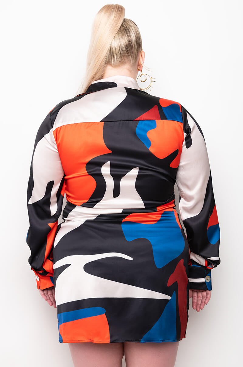 PLUS ABSTRACT SATIN SHIRT DRESS