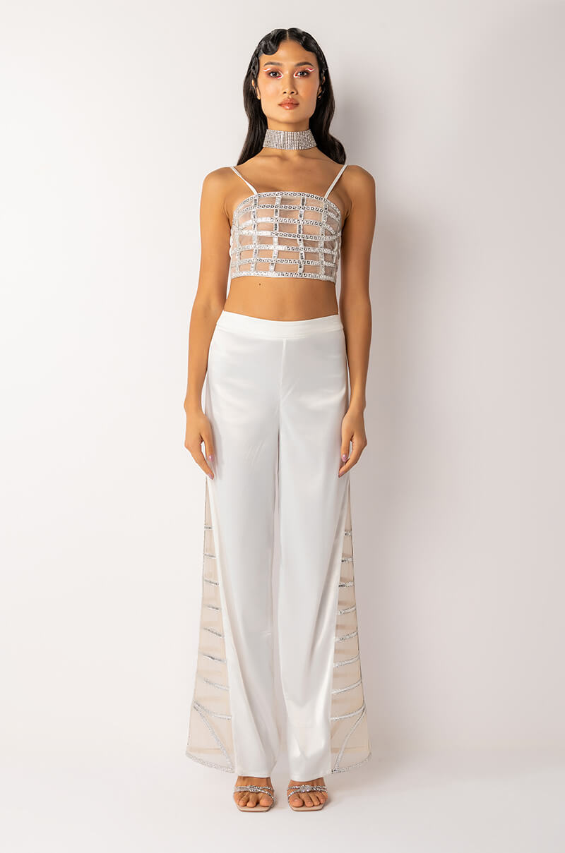PREMIER RHINESTONE MESH PANEL SATIN WIDE LEG PANT