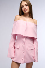 PRETTY IN PINK OFF THE SHOULDER BLAZER DRESS