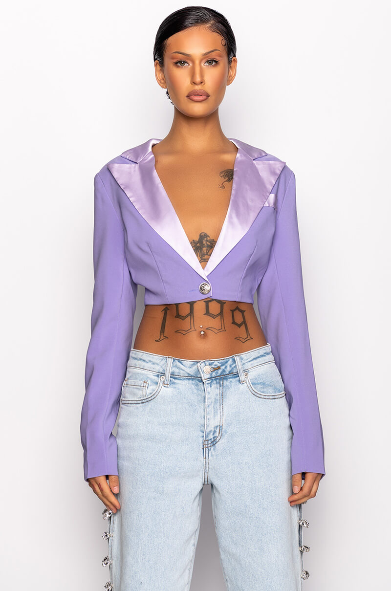PRETTY THOUGHTS CROPPED BLAZER WITH SATIN LAPEL